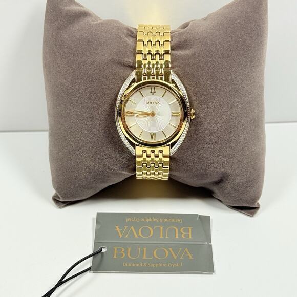 New-Bulova Classic 98R298 Diamond Accent White Dial Gold Stainless Women’s Watch